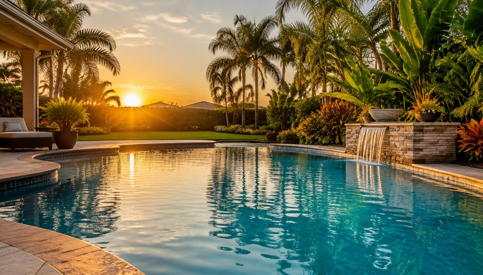 Piscina residencial bem cuidada ao entardecer
