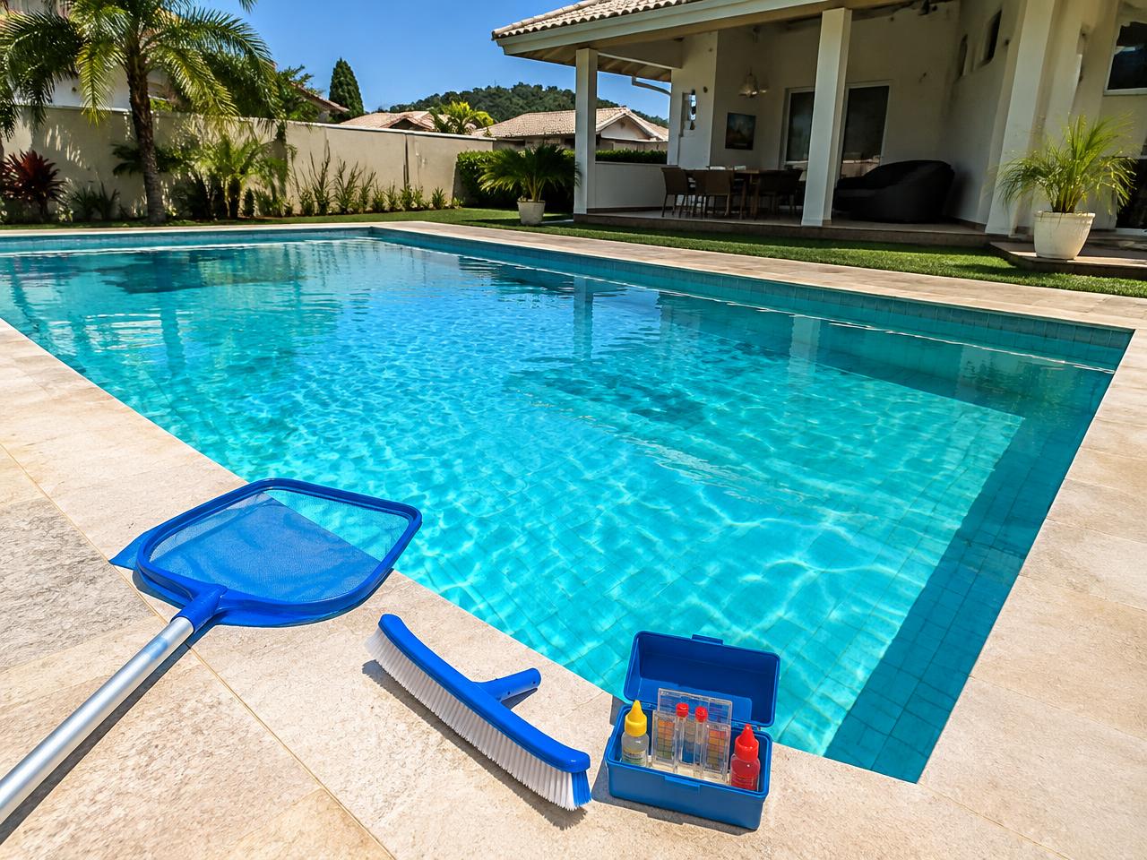 Piscina residencial limpa com rede, escova e kit de teste organizados na borda