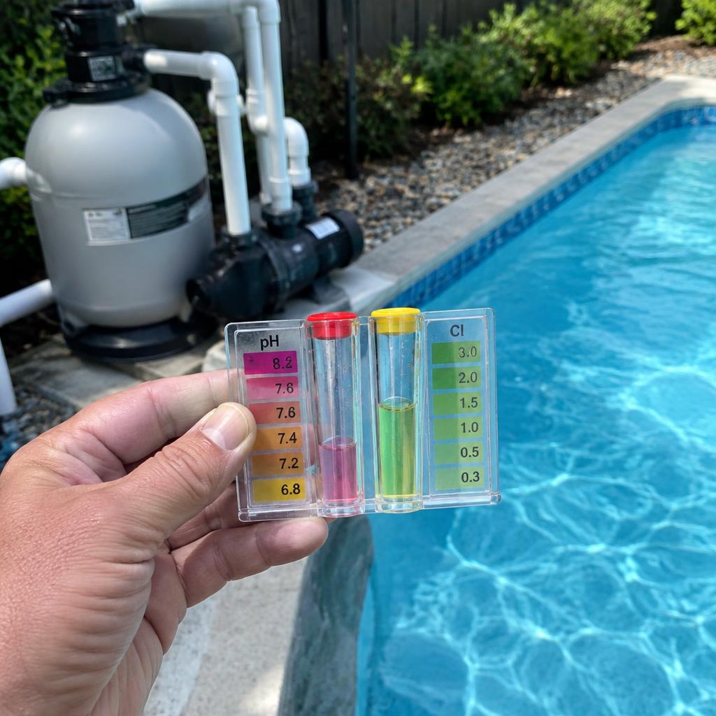 Kit de teste de pH e cloro ao lado da piscina